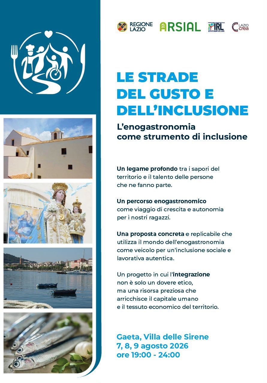 Locandina "Le strade del gusto e dell'inclusione" - Gaeta, Villa delle Sirene, 7-9 agosto 2026