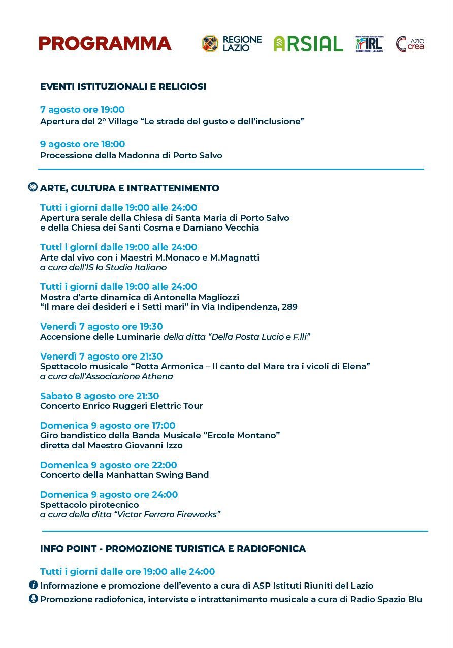 Programma degli eventi istituzionali, religiosi e di intrattenimento