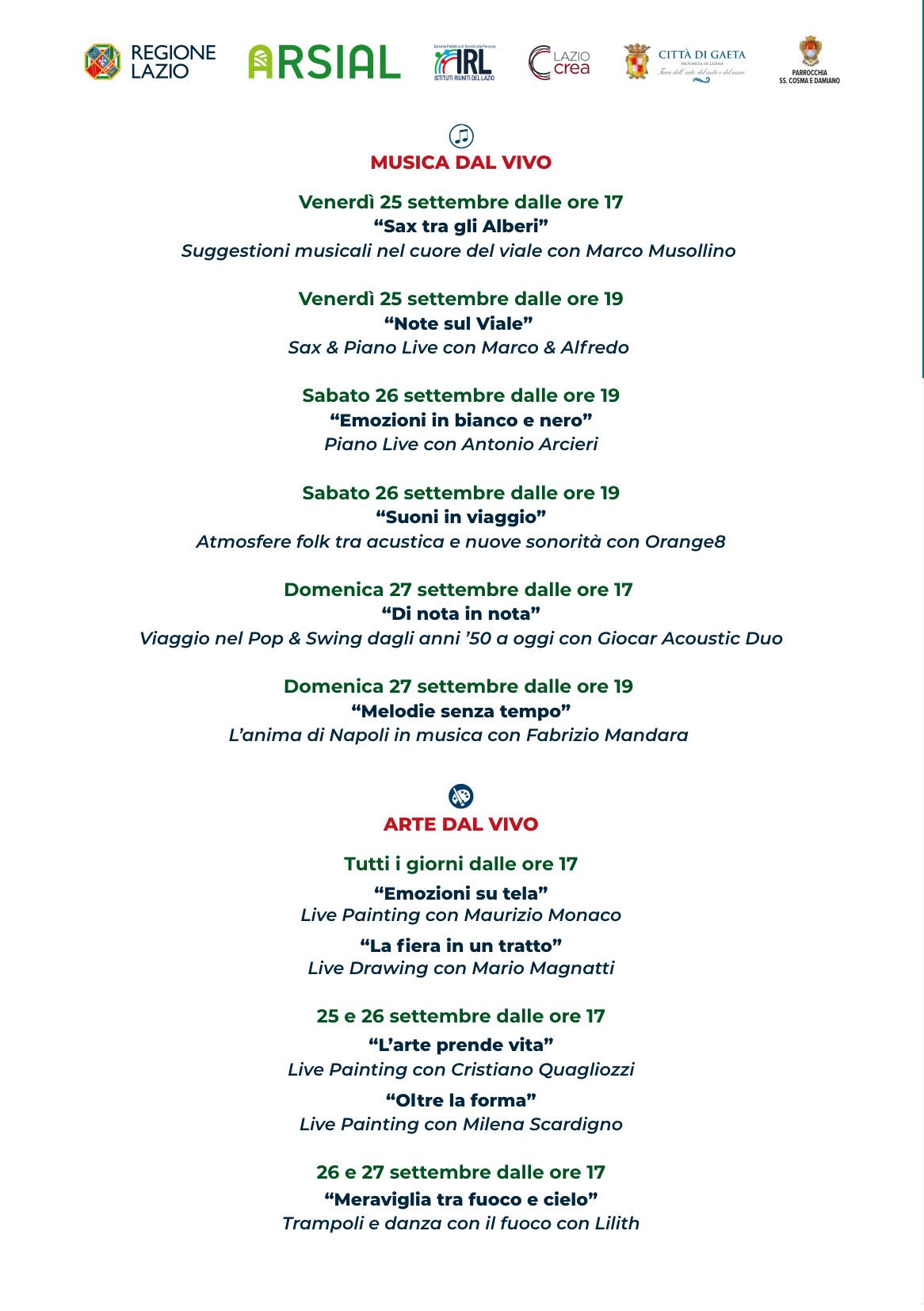 Programma di musica e arte dal vivo, 25-27 settembre 2026
