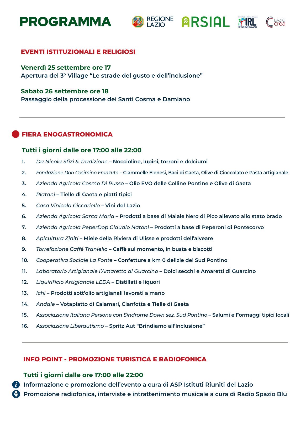 Programma e elenco dei sedici stand della fiera enogastronomica, 25-27 settembre 2026