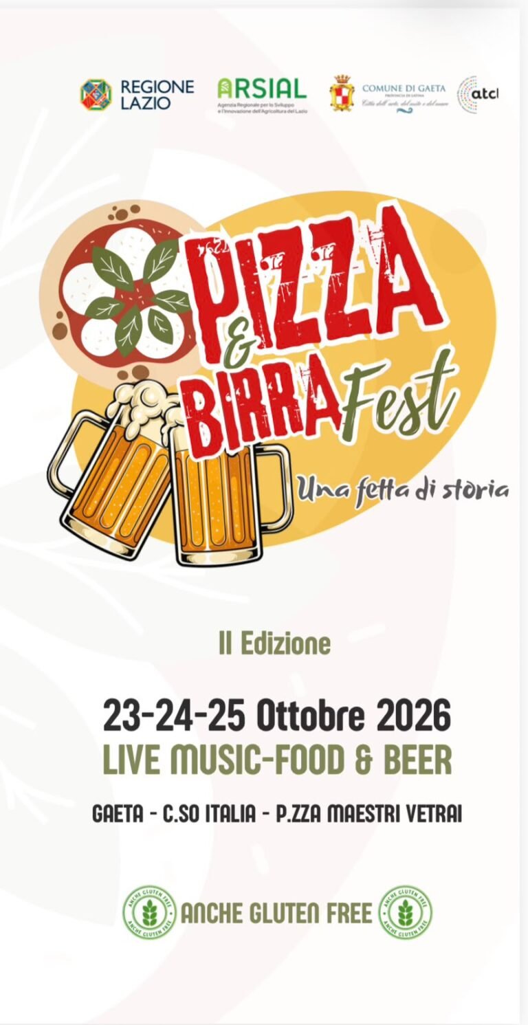 Locandina Pizza & Birra Fest – Una fetta di storia, seconda edizione, 23-24-25 ottobre 2026, Gaeta, Corso Italia e Piazza Maestri Vetrai